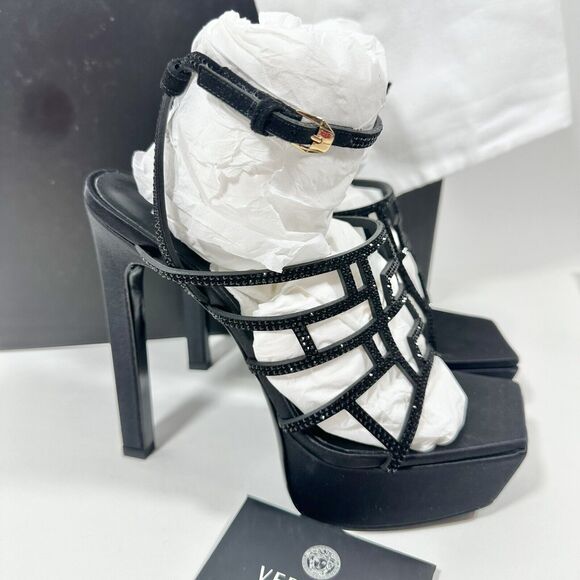 Versace La Greca 38 Maze Crystal Embellished Black Platform Sandal NIB $1,725 - Picture 6 of 13